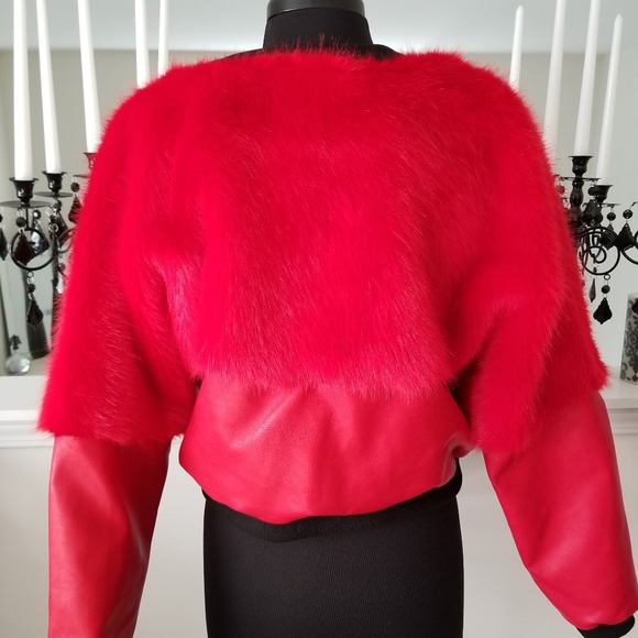 New Red Faux Fur and Leather Jacket - Picture 3 of 5